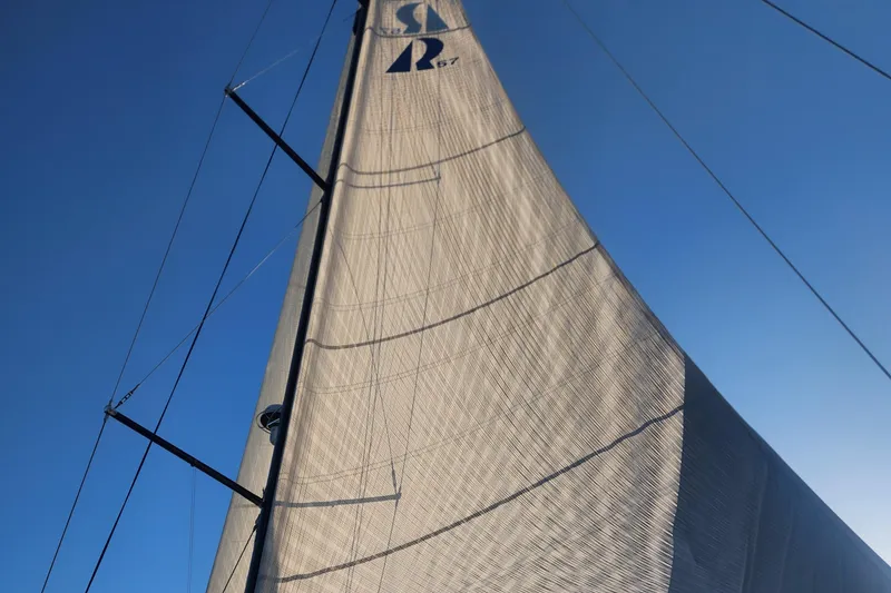 Slide: The Image of Sail of 2023 Hallberg-Rassy 57 yacht against clear blue sky. - 4