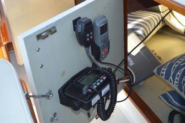Slide: The Image of Radio equipment inside a 1990 Stanley 36' Downeast Fly Bridge Cruise boat. - 13
