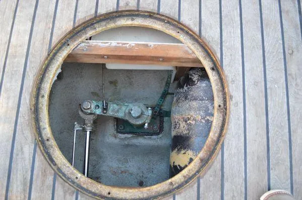 Slide: The Image of Hatch opening on 1990 Stanley 36' Downeast Fly Bridge Cruise boat deck. - 17