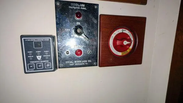 Slide: The Image of Control panel on a 1990 Stanley 36' Downeast Fly Bridge Cruise boat. - 30