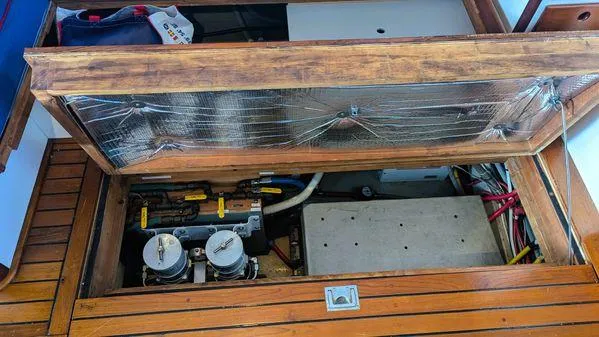 Slide: The Image of Engine compartment of a 1990 Stanley 36' Downeast Fly Bridge Cruise boat. - 42