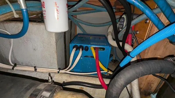 Slide: The Image of Engine compartment wiring of a 1990 Stanley 36' Downeast Fly Bridge Cruise boat. - 46