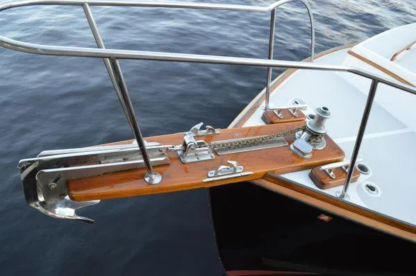 Slide: The Image of Bow of 1990 Stanley 36' Downeast Fly Bridge Cruise with anchor and railing. - 6