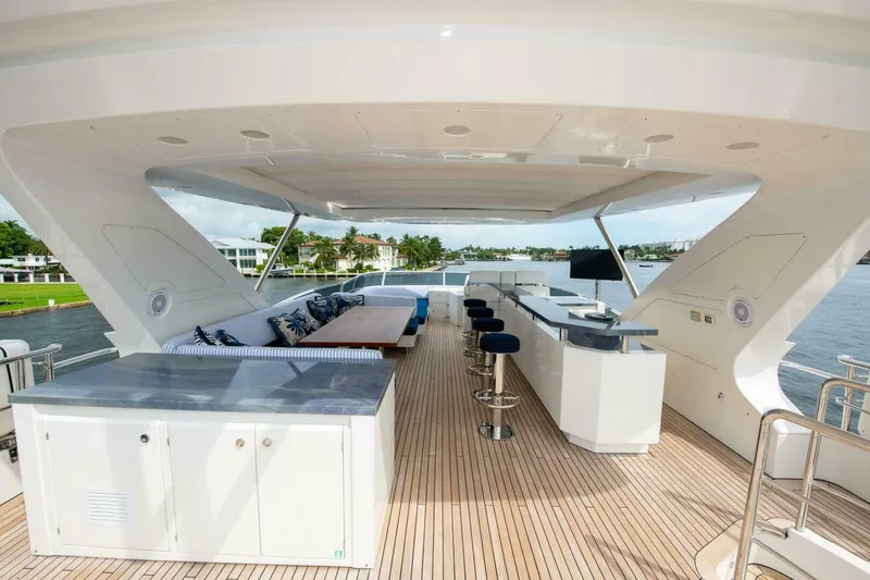Slide: The Image of Luxurious 2017 Azimut 84 Flybridge yacht with spacious outdoor seating and bar area. - 26