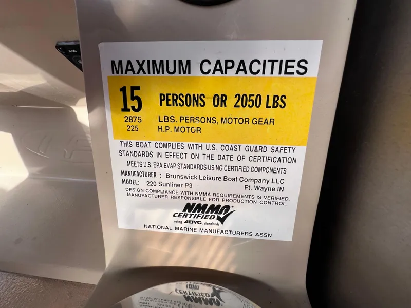 Slide: The Image of 2013 Harris FloteBote Sunliner 220 capacity label: 15 persons or 2050 lbs. - 23