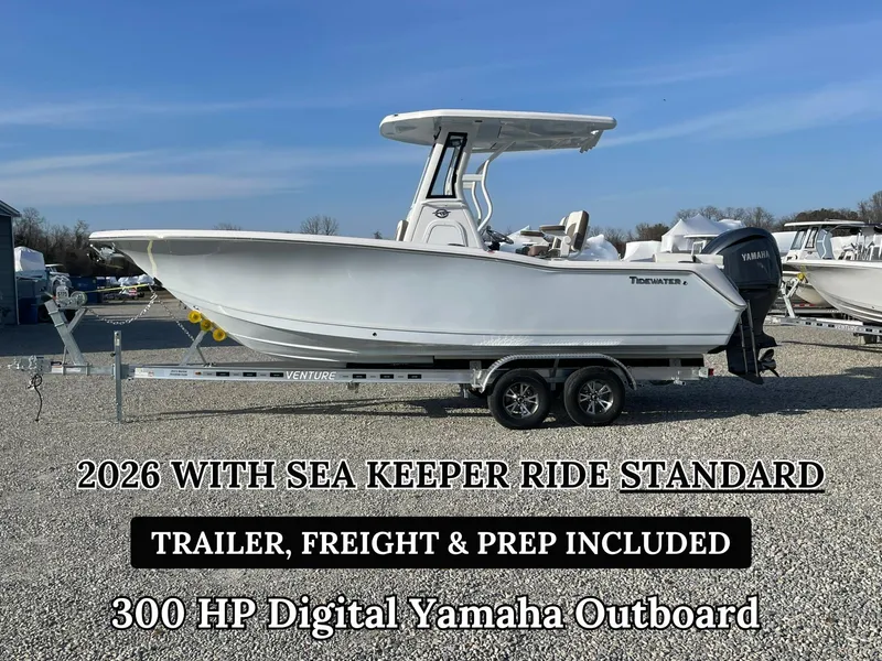 The Image of 2026 Tidewater 232 SS boat with Seakeeper Ride, 300 HP Yamaha 4-stroke outboard, on trailer. - 0