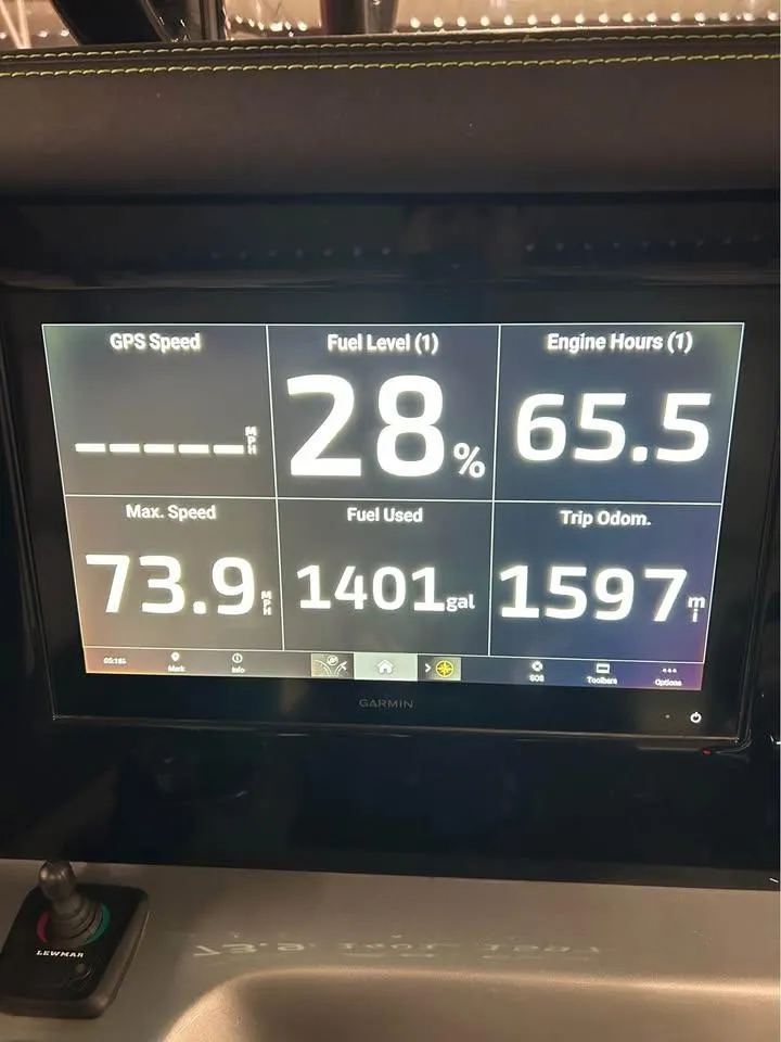 Slide: The Image of 2024 Statement 350 Open dashboard showing fuel level, engine hours, speed, and trip odometer. - 20