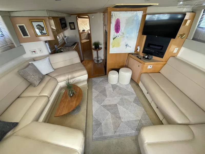 Slide: The Image of Interior of 2000 Carver 350 Mariner yacht with modern furnishings and decor. - 21
