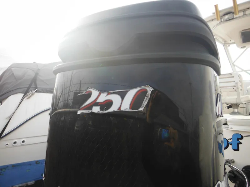Slide: The Image of 1999 Robalo 2440 Walkaround boat engine with "250" decal in sunlight. - 48