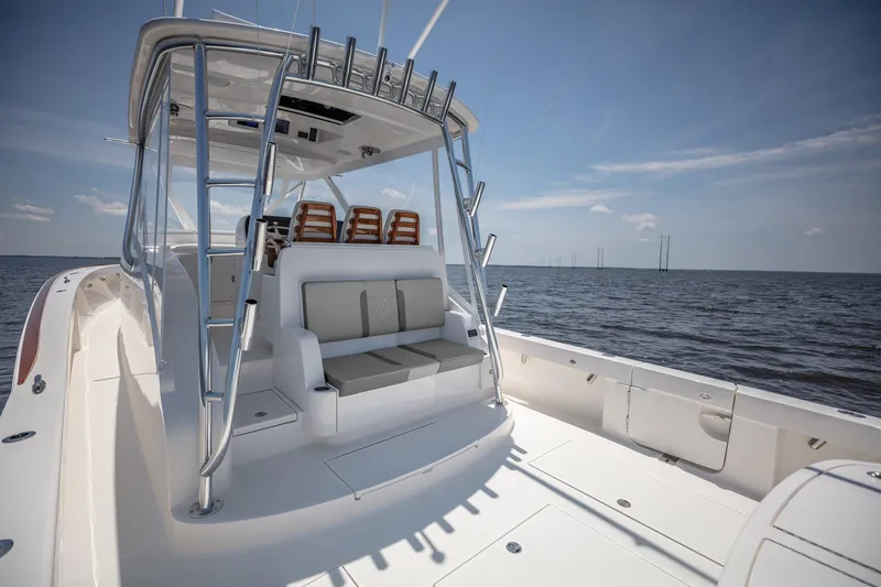 Slide: The Image of Luxurious interior of 2026 Albemarle 45 Carolinian yacht with modern kitchen and seating area. - 15