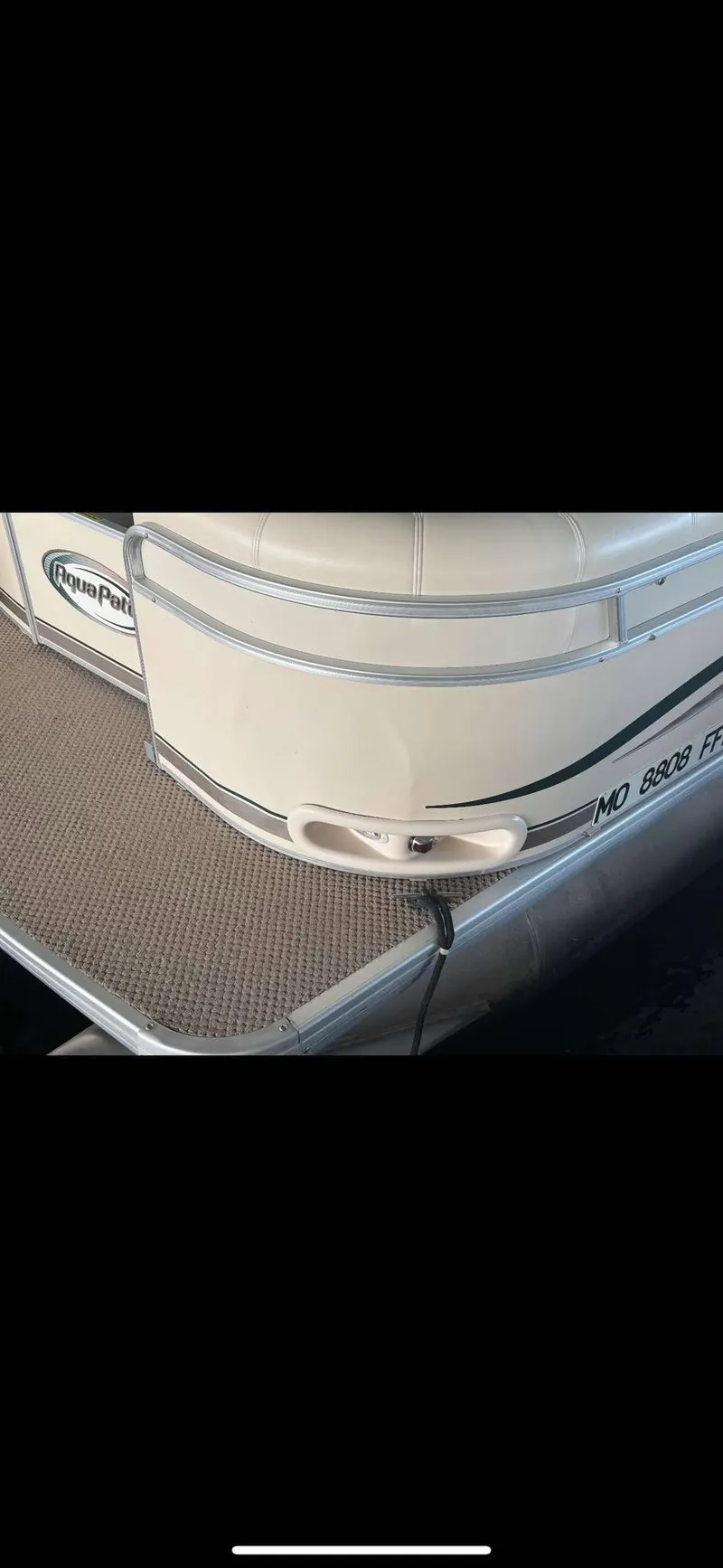 Slide: The Image of 2005 Godfrey AquaPatio 240 LE pontoon boat, rear view, beige and silver detailing. - 5