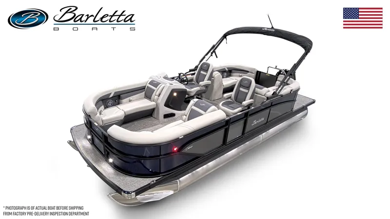 Slide: The Image of 2025 Barletta C22QC pontoon boat with sleek design and comfortable seating. - 11