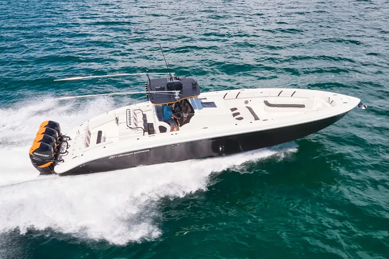 Slide: The Image of 2016 Midnight Express 43' Open boat cruising on the ocean. - 8