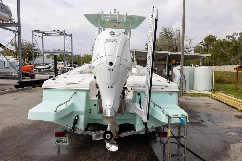 Slide: The Image of 2023 Robalo 246 Cayman boat with powerful outboard motor, parked at a marina. - 3