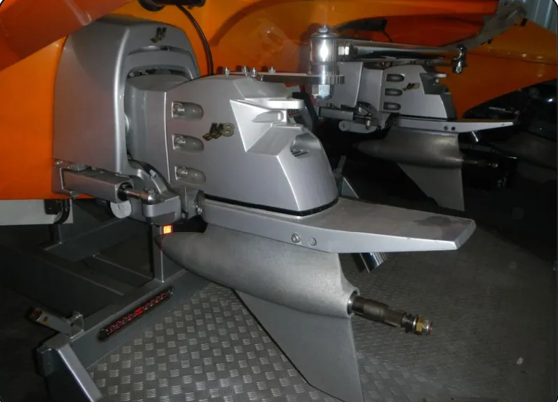 Slide: The Image of 2014 Nordic Powerboats 43 Enforcer outboard motors, close-up view. - 18