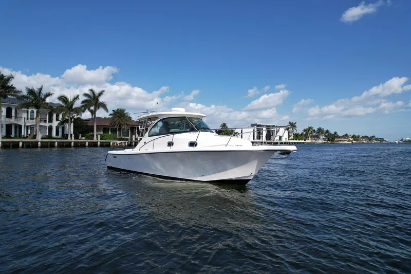 Slide: The Image of 2008 Pursuit 315 Offshore boat cruising on a sunny day with palm trees in the background. - 3
