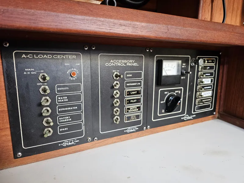 Slide: The Image of Control panel of a 1984 Schock NY 36 sailboat, featuring A-C load center and accessory controls. - 25