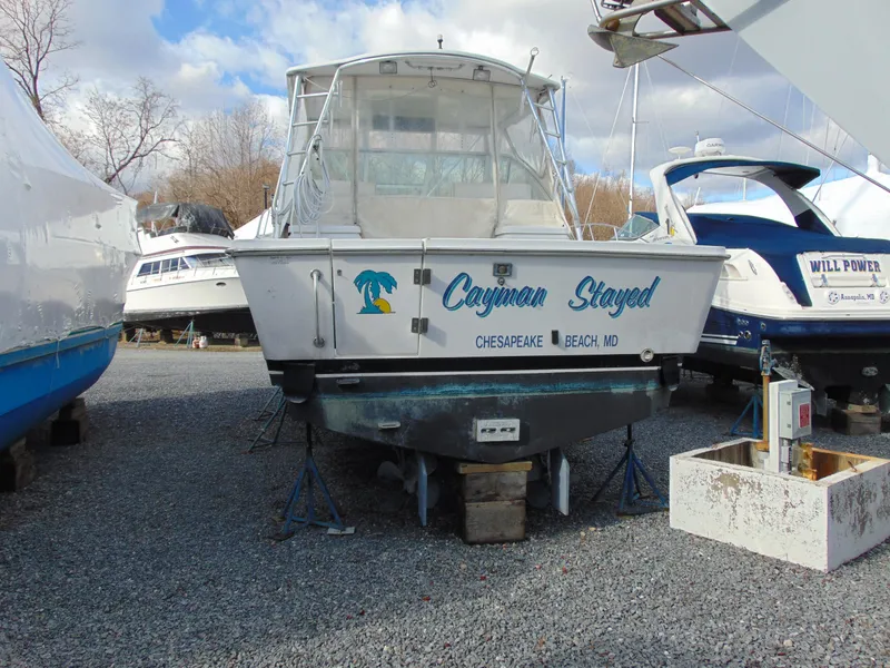 Slide: The Image of 2000 Luhrs T-360SX/SF boat named "Cayman Stayed" in storage at Chesapeake Beach, MD. - 3