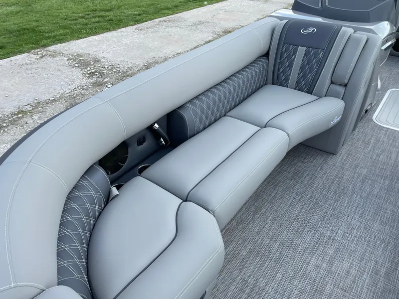 Slide: The Image of 2023 Barletta Lusso 25UCA luxury boat seating with elegant gray upholstery. - 24