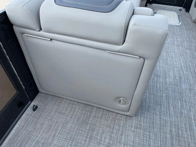 Slide: The Image of 2023 Barletta Lusso 25UCA interior with gray seating and carpet flooring. - 35