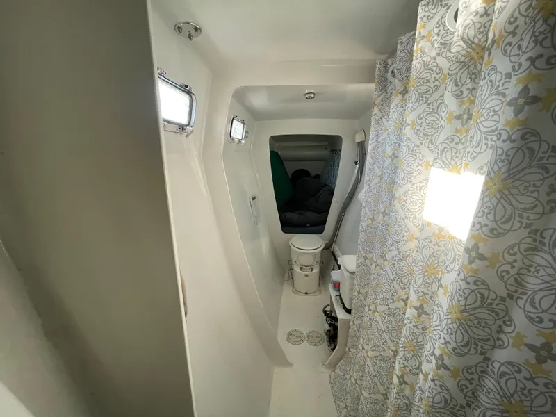 Slide: The Image of Bathroom interior of 1991 Crowther Custom 46 yacht with shower and toilet. - 46