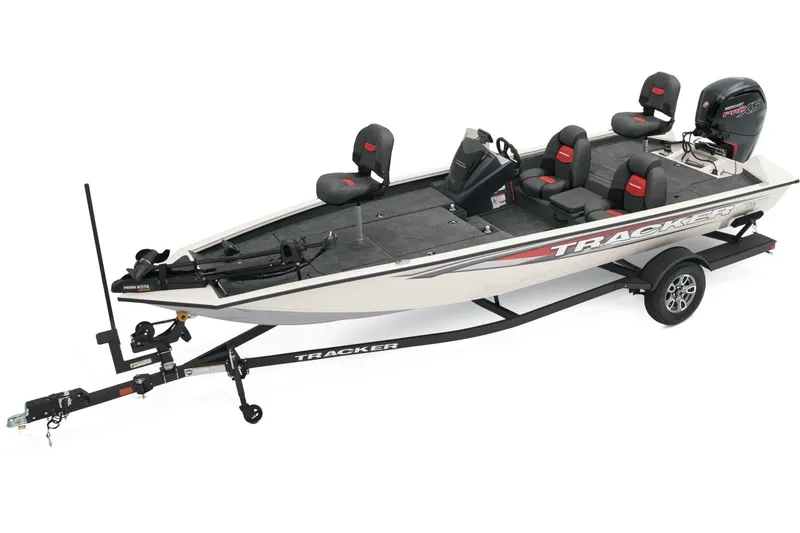 The Image of 2025 Tracker Pro Team 190 boat, red with black and silver accents, parked on a trailer. - 0