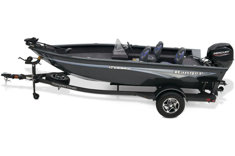 Slide: The Image of 2025 Ranger VS1665SC boat dashboard with steering wheel and Lowrance display. - 2