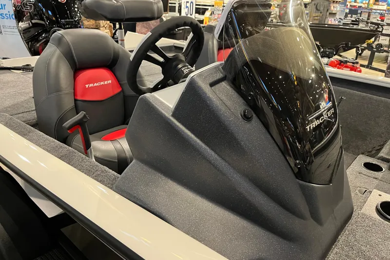 Slide: The Image of 2025 Tracker Pro Team 195 Tournament Edition boat interior with steering wheel and seats. - 4