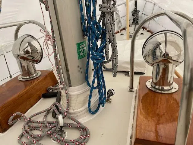 Slide: The Image of 1981 Bristol 40 sloop deck with ropes and polished fittings. - 19