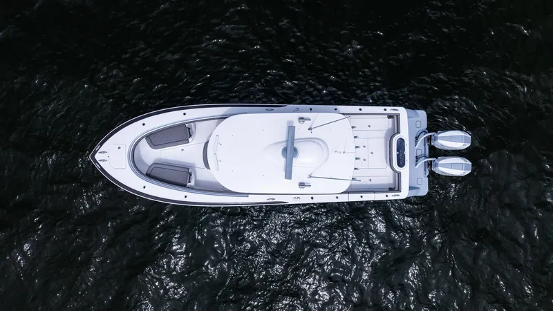 Slide: The Image of Aerial view of 2025 Valhalla Boatworks V-33 on dark water. - 3