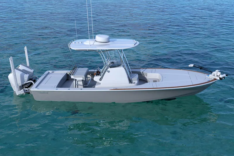 Slide: The Image of 2025 Valhalla Boatworks V-28 Bay on clear blue water, showcasing sleek design and modern features. - 3