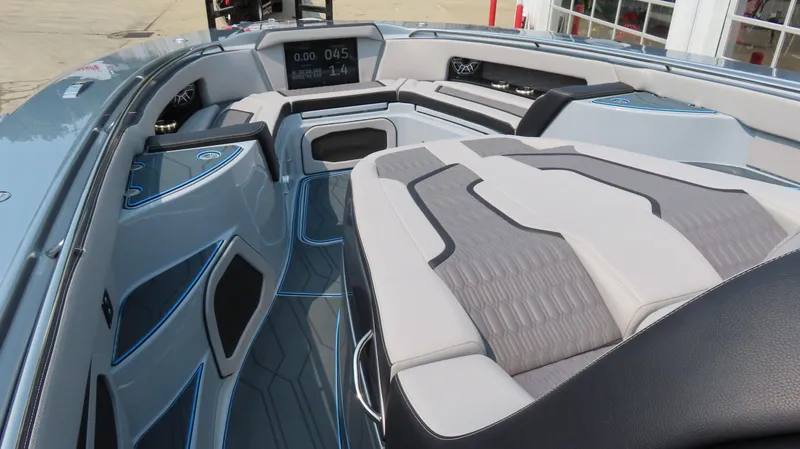 Slide: The Image of Luxury interior of 2022 MTI 50v boat with modern seating and dashboard. - 17