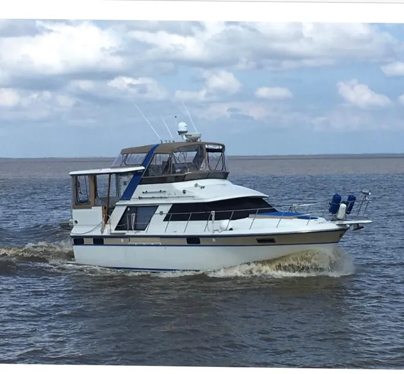 The Image of 1988 Carver 42 Aft Cabin Motoryacht cruising on open water under a cloudy sky. - 0