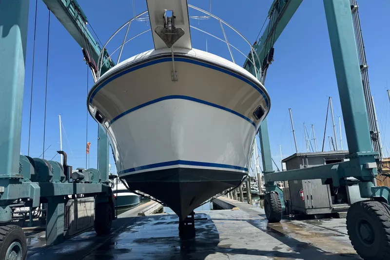 Slide: The Image of 1988 Carver 42 Aft Cabin Motor Yacht on lift at marina, clear blue sky. - 113