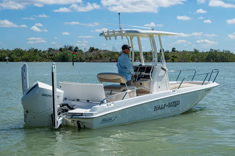 Slide: The Image of 2020 Boston Whaler 210 Dauntless boat on calm water, under clear blue sky. - 3