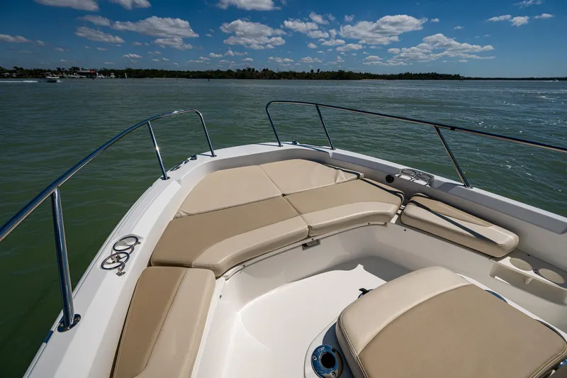Slide: The Image of Boston Whaler 210 Dauntless 2020 boat interior with tan seating on calm water. - 9