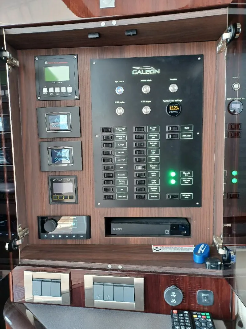 Slide: The Image of Control panel of 2022 Galeon 410 HTC yacht with various switches and displays. - 28