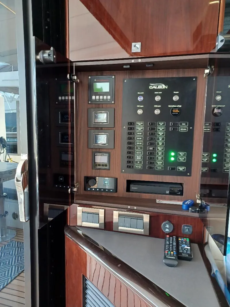 Slide: The Image of Control panel of 2022 Galeon 410 HTC yacht with wood finish and electronic displays. - 29