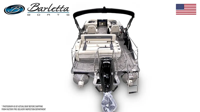 Slide: The Image of 2024 Barletta ARIA A22UC pontoon boat, rear view, showcasing seating and motor. - 3