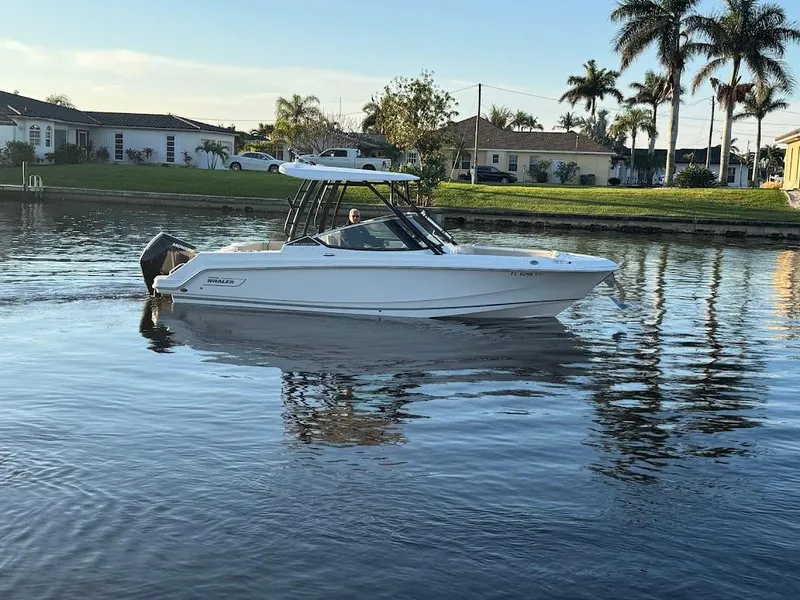 Slide: The Image of 2021 Boston Whaler 240 Vantage boat cruising on a calm waterway with palm trees. - 10