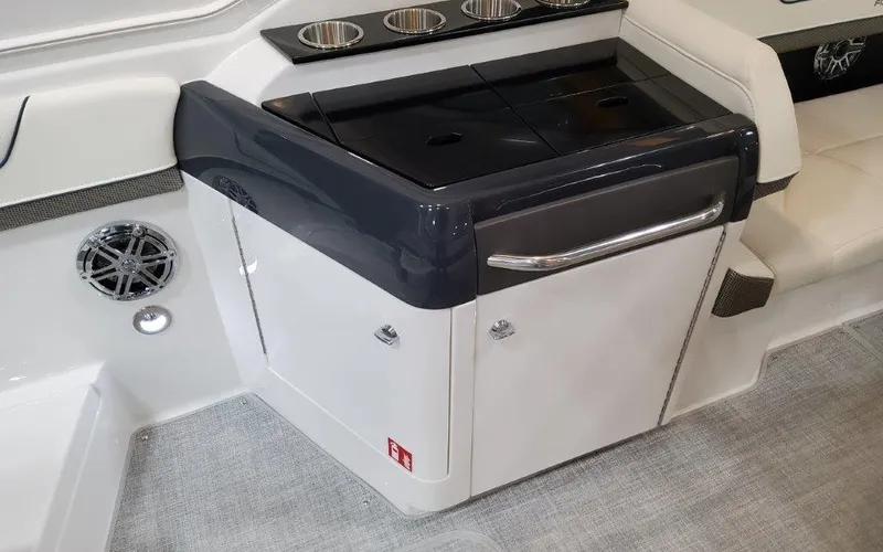 Slide: The Image of 2025 Formula 310 Bowrider I/O boat interior with sleek cabinetry and modern design. - 33