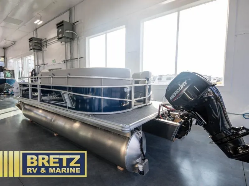 Slide: The Image of 2025 Vista Fish 18 pontoon boat with Mercury engine at Bretz RV & Marine showroom. - 1