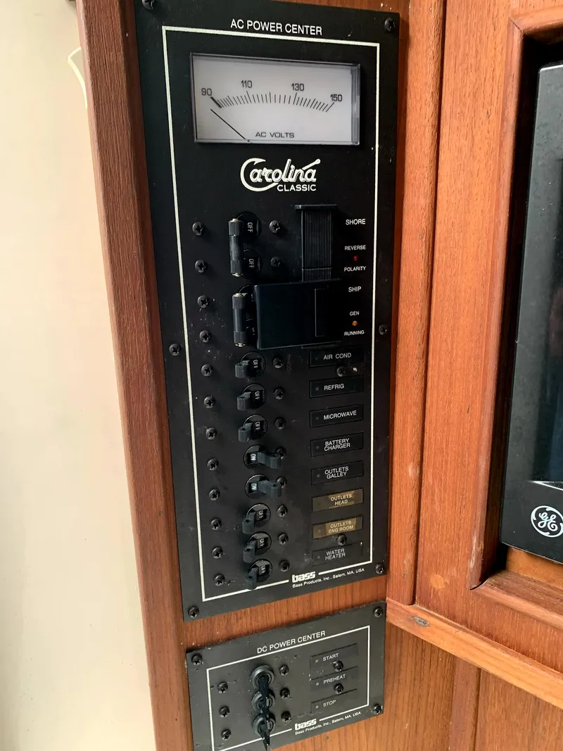 Slide: The Image of Control panel of a 2001 Carolina Classic 28 boat, featuring AC power center. - 21
