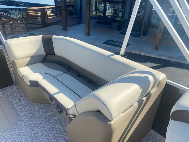 Slide: The Image of Luxurious seating on 2025 SunCatcher Select 322RC pontoon boat, featuring elegant upholstery. - 16