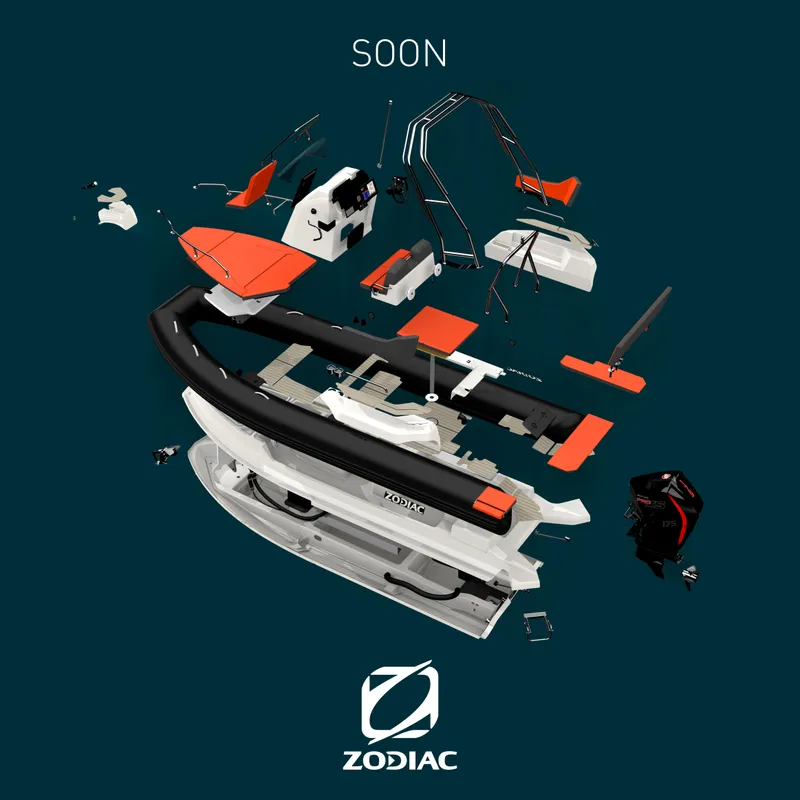 Slide: The Image of Exploded view of Zodiac Medline 6.8 boat components, 2025 model, with "Soon" text. - 3