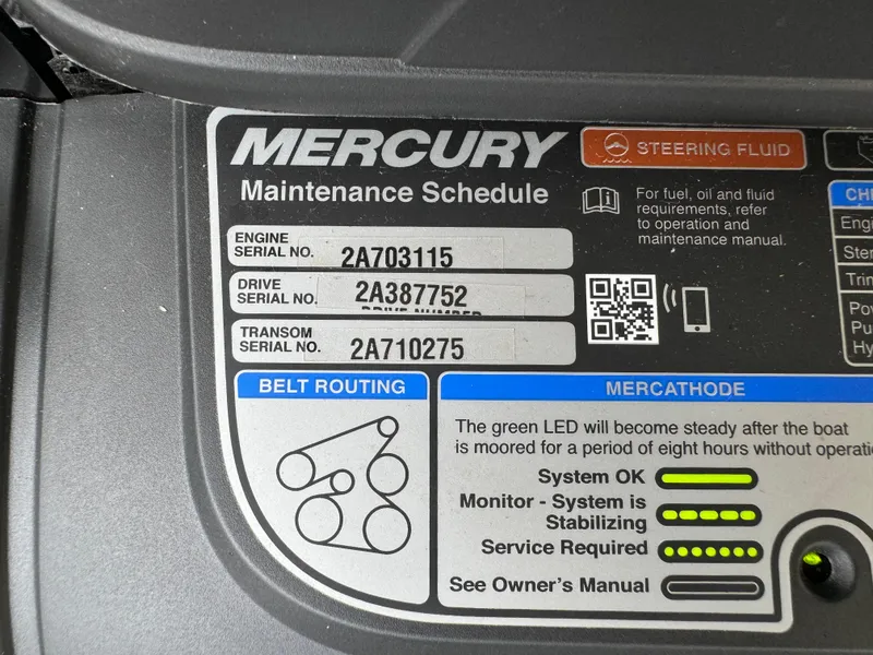 Slide: The Image of Mercury maintenance schedule label on 2022 Monterey 278 Super Sport boat engine. - 45