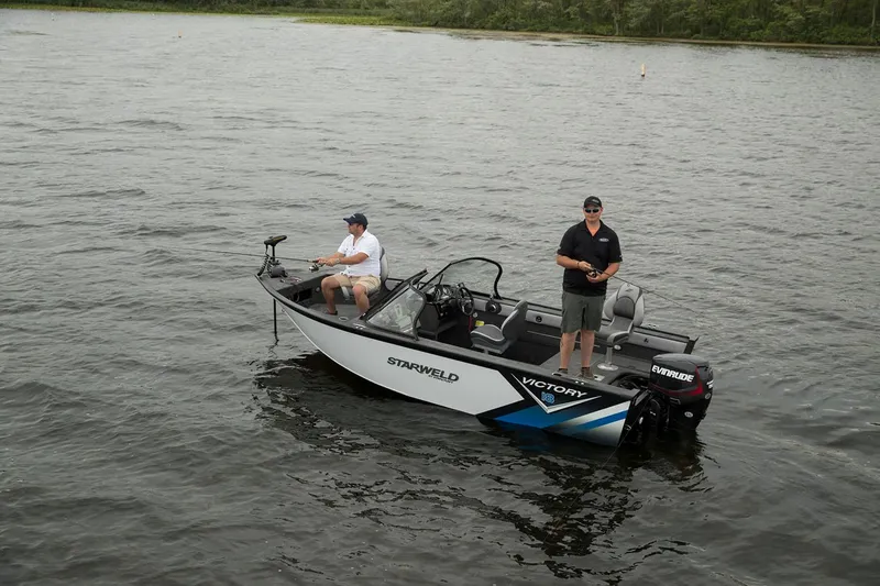 Slide: The Image of 2024 Starweld Victory 18 DC boat on water with two people fishing. - 8