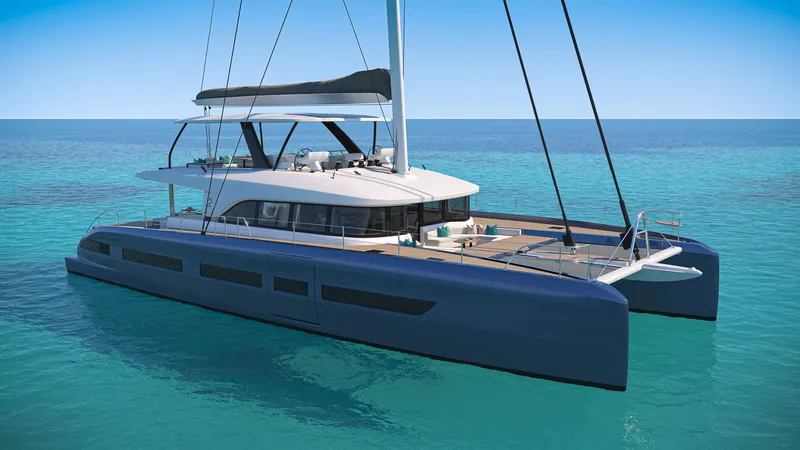 Slide: The Image of 2026 Lagoon Eighty 2 yacht sailing on open sea with people on deck. - 1