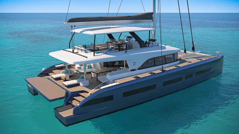 Slide: The Image of Sailing Lagoon Eighty 2 catamaran on open sea, 2026 model, clear blue waters. - 2