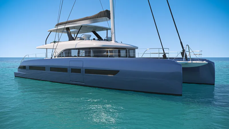 Slide: The Image of 2026 Lagoon Eighty 2 yacht in clear turquoise water, sunny day, coastal backdrop. - 4
